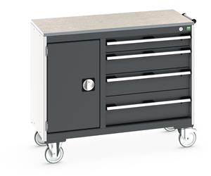 Bott Cubio Mobile Cabinet / Maintenance Trolley measuring 1050mm wide x 525mm deep x 890mm high. Storage comprises of 1 x Cupboard (400mm wide x 600mm high) and 4 x 650mm wide Drawers (1 x 100mm, 2 x 150mm & 1 x 200mm high).... Bott MobileIndustrial Tool Storage Trolleys 1050mm x 525mm